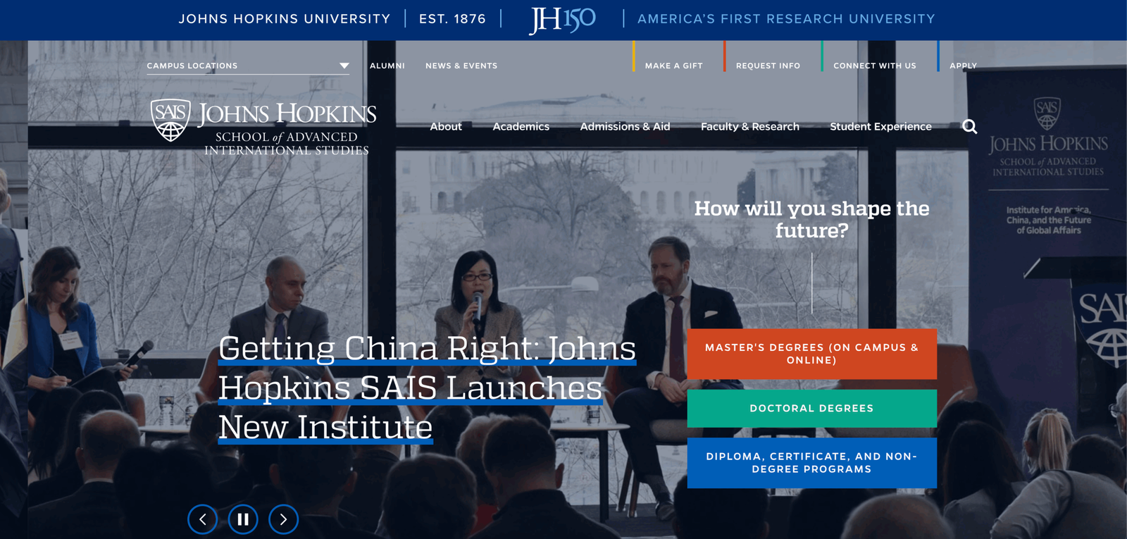 Johns Hopkins SAIS website on a laptop: One platform for three global campuses